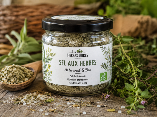 Petit pot artisanal de sel aux herbes bio élaboré avec du sel fin de Guérande Nature et Progrès et des aromates biologiques