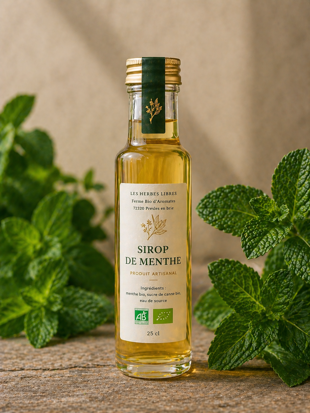 Découvrez notre sirop de menthe bio artisanal, élaboré à la ferme à partir de menthes cultivées en agriculture biologique. Goût intense, fabrication artisanale et ingrédients naturels.