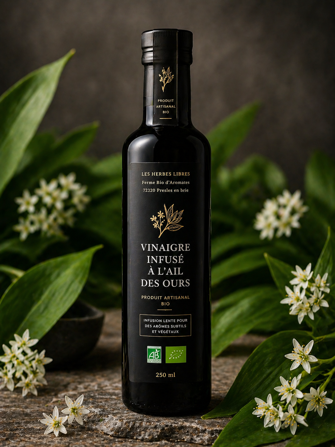 Vinaigre bio à l’ail des ours artisanal, élaboré à partir d’ail des ours issu de l’agriculture biologique.

Infusion naturelle aux notes végétales et fraîches, idéale pour assaisonner salades, légumes rôtis, marinades et recettes gastronomiques. Produit fermier fabriqué artisanalement en France.