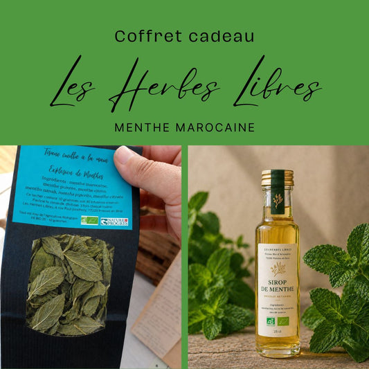Coffret cadeau artisanal bio composé d’une tisane de menthes biologiques et d’un sirop de menthe fermier fabriqués à la main à la ferme Bio Seine et Marne Les Herbes Libres.